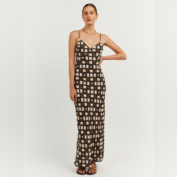 DISSH Gosse Brown White Cream Khaki Geo Slip Maxi Dress Size 2 - Picture 2 of 9